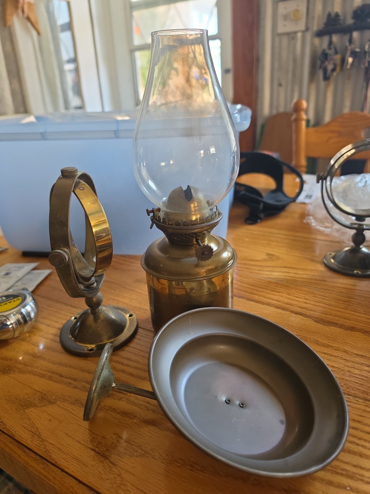Vintage Dutch Made Brass Bulkhead Mounted Gimbal Oil Parlor Lantern, D.H.R,...