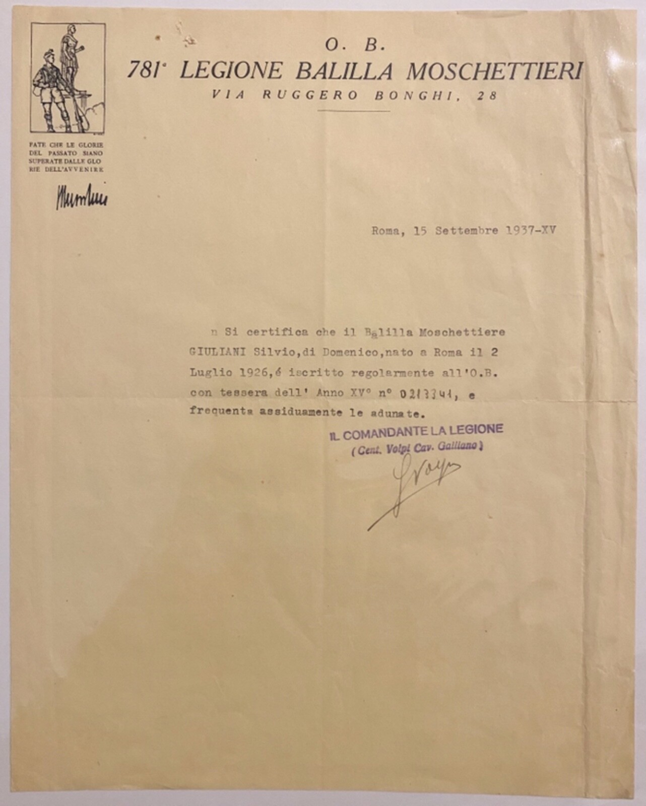 ROMA 781a LEGIONE BALILLA MOSCHETTIERI CERTIFICAZIONE TESSERA A.XV° O.N.B. 1937