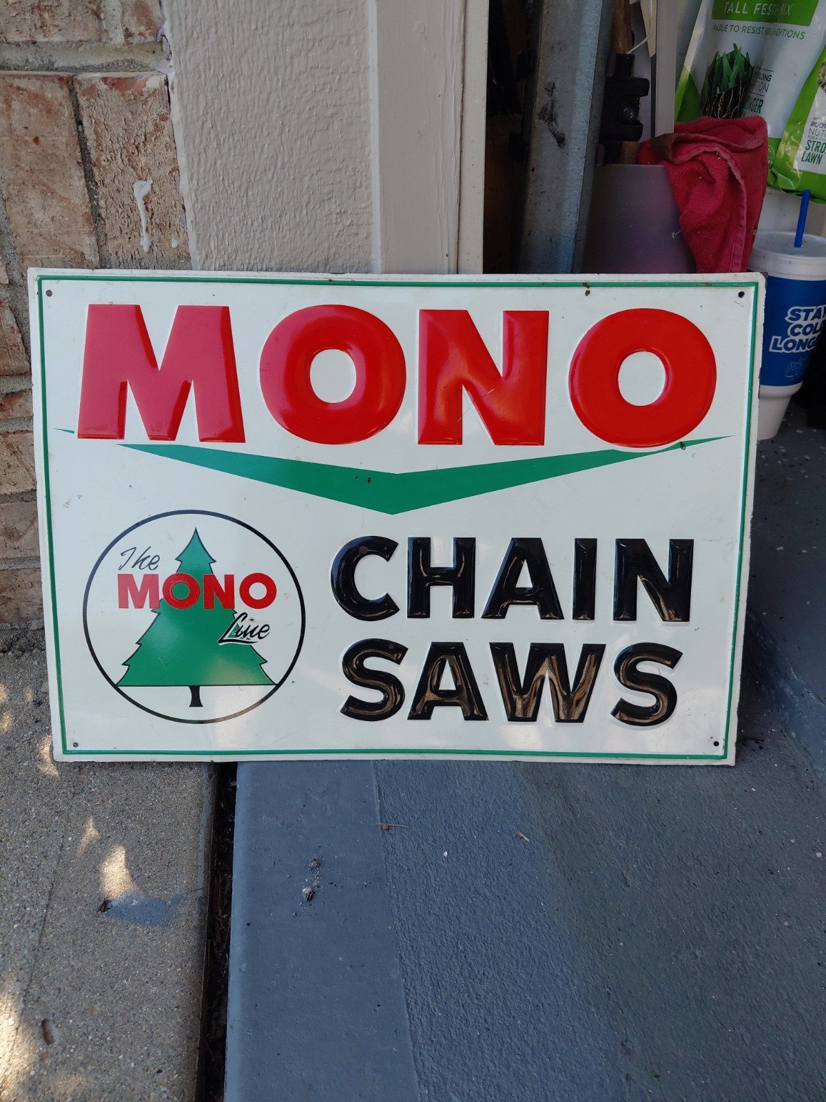 c.1960s Original Vintage Mono Chain Saws Sign Metal Embossed Farm Dairy Soda
