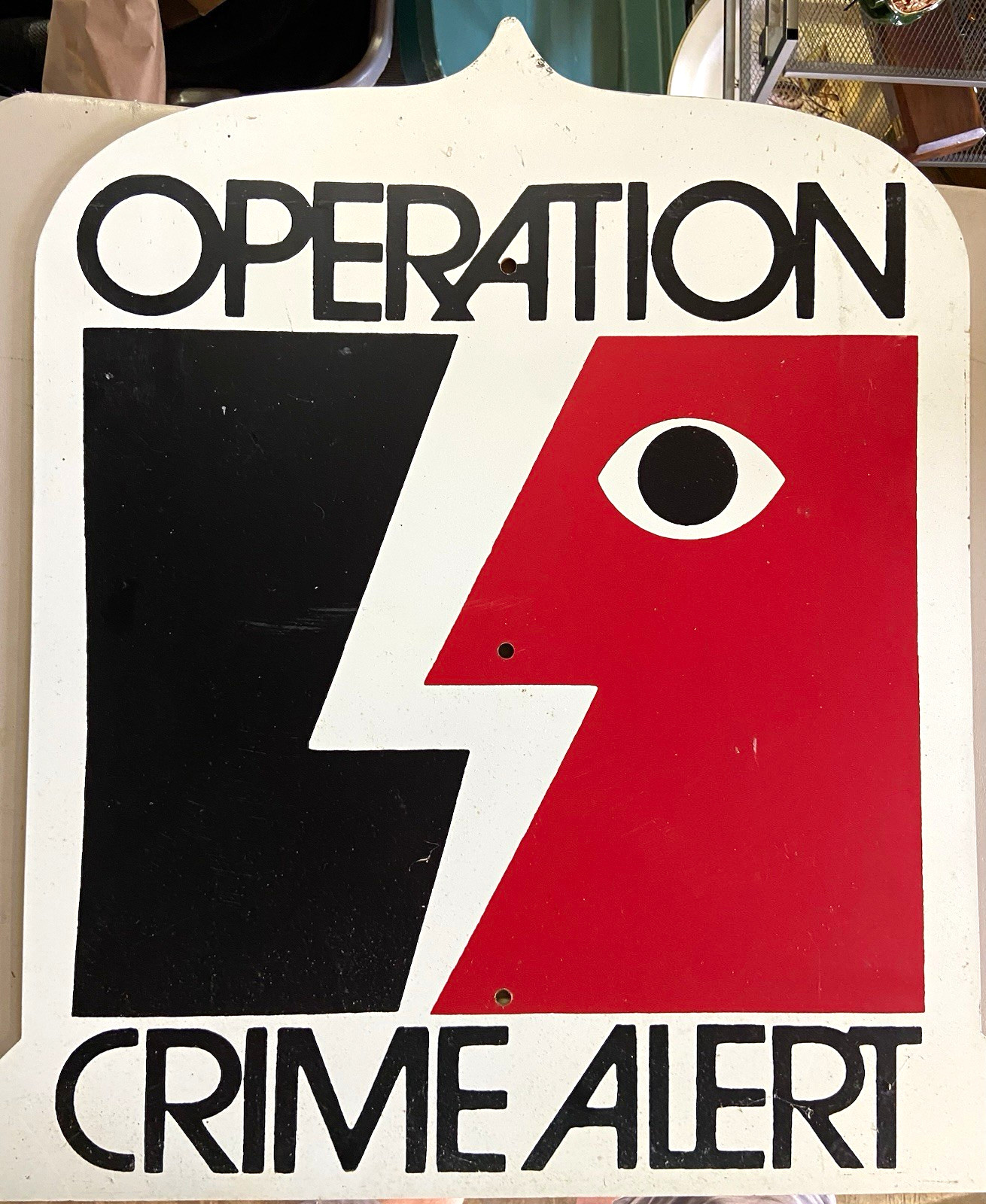 Operation Crime Alert Vintage 70’s Masonite Wall Hanging Sign Vertical White/Red