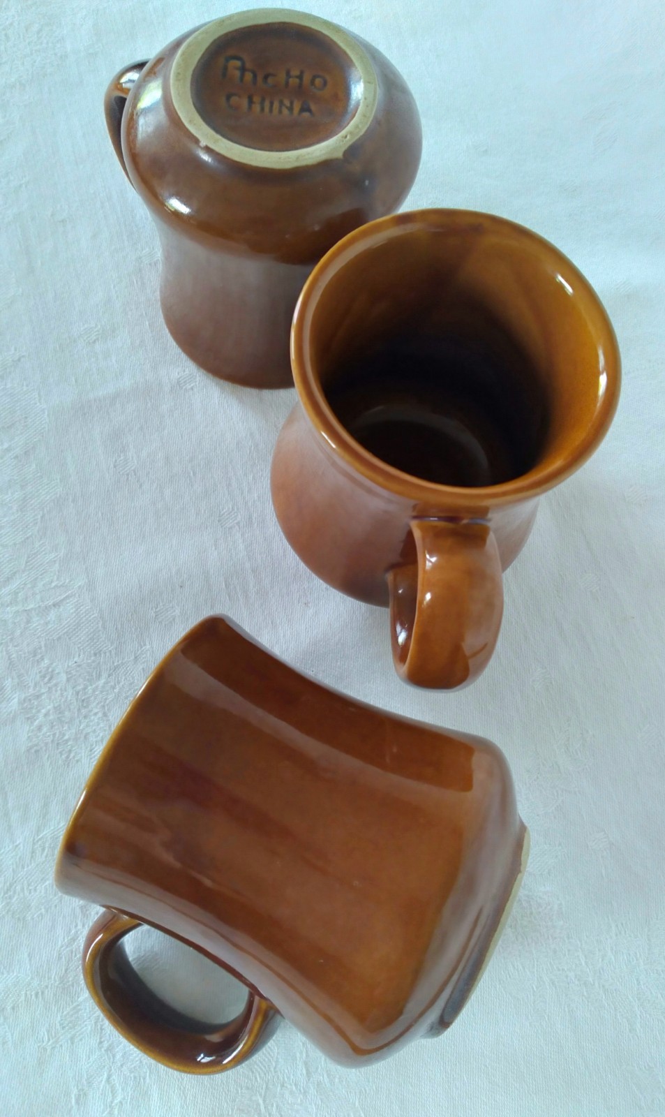 Set 3 Vintage Ancho China Anchor Hocking Brown Ceramic Diner Coffee Mugs Lisbon