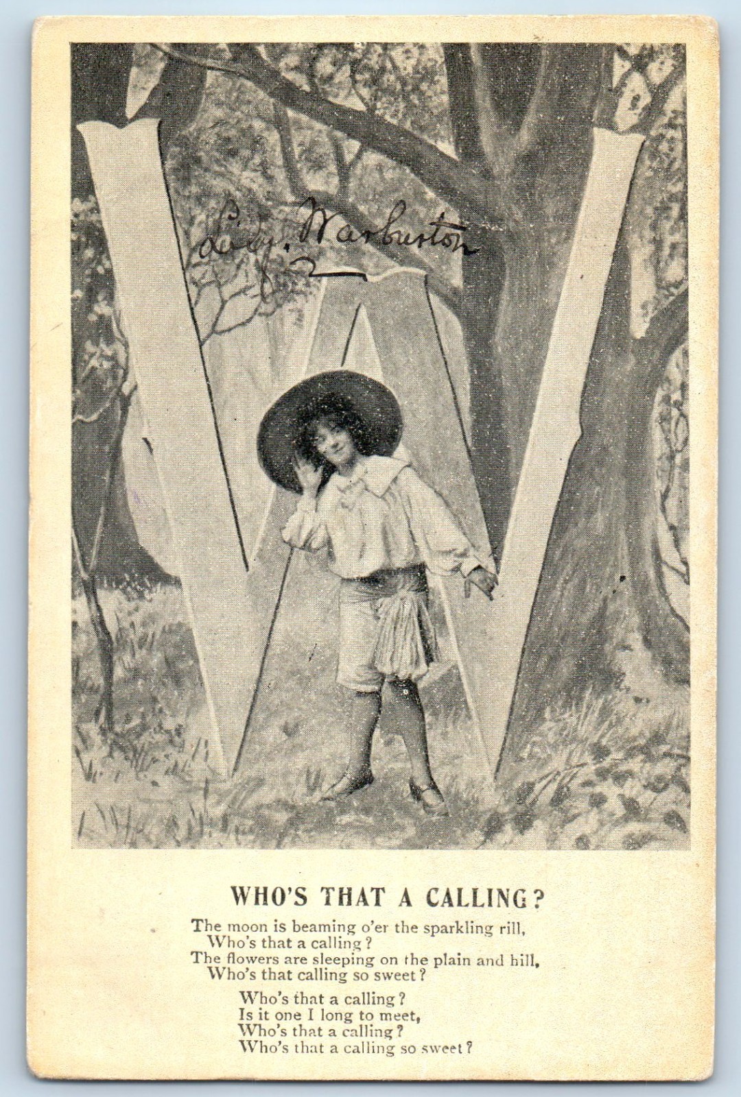 c1910's Large Letter W Alphabet Woman Who's That Calling Antique Posted Postcard