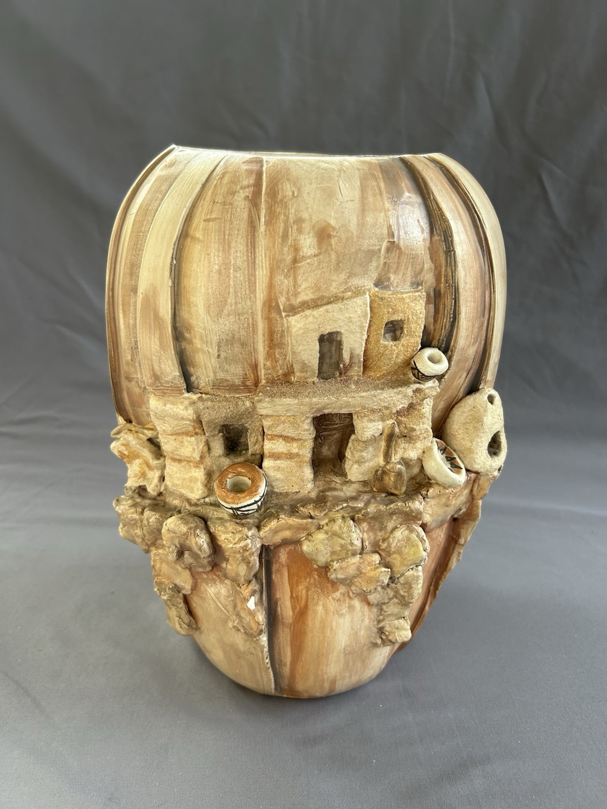 Vintage 1981 Janet Haefner Signed Native American Pottery Vase 3D Design 10 1/4”