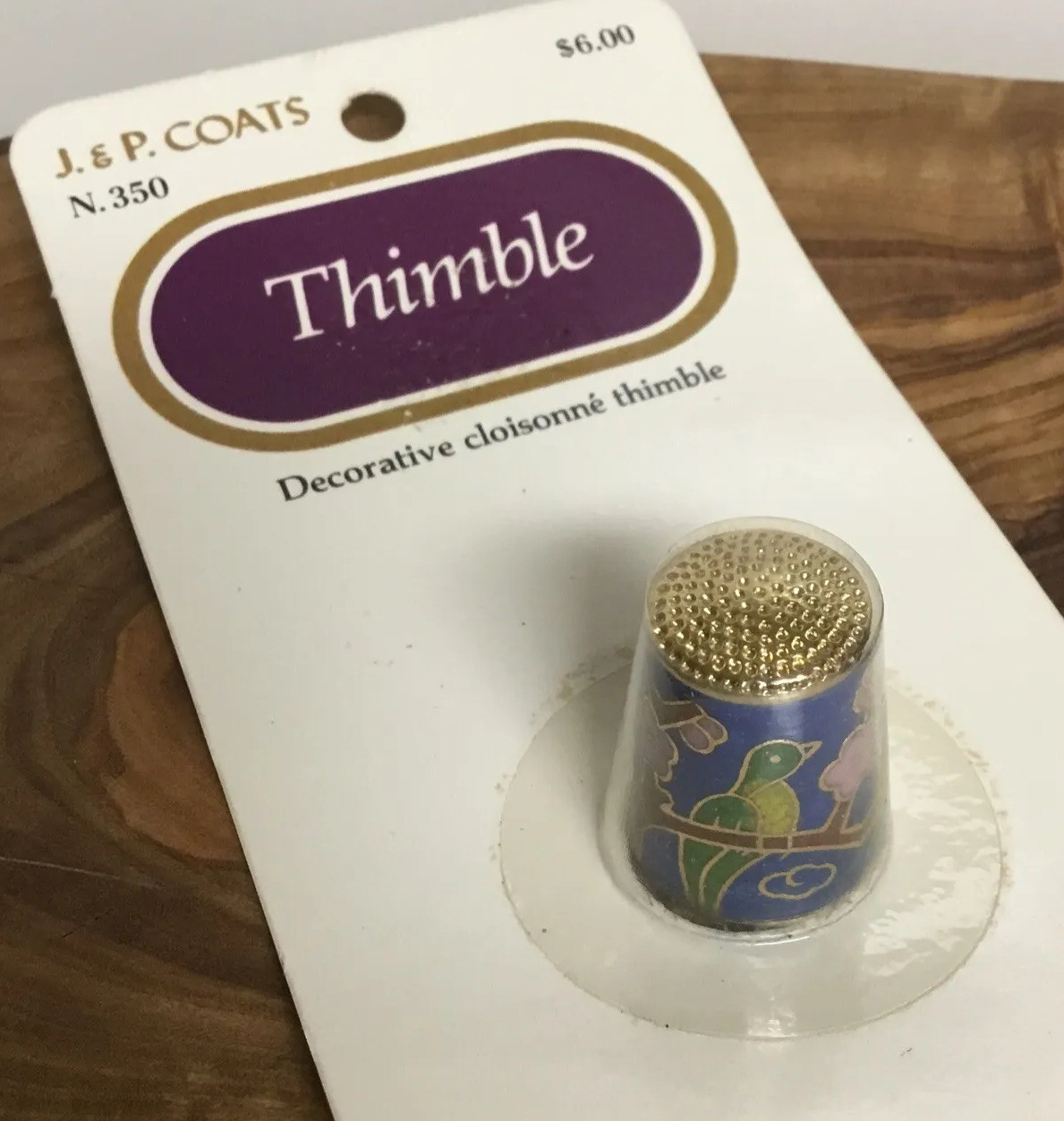 Vtg J&P Coats Chinese Cloisonné Thimble Bird Flower Enamel Sewing Notion N350