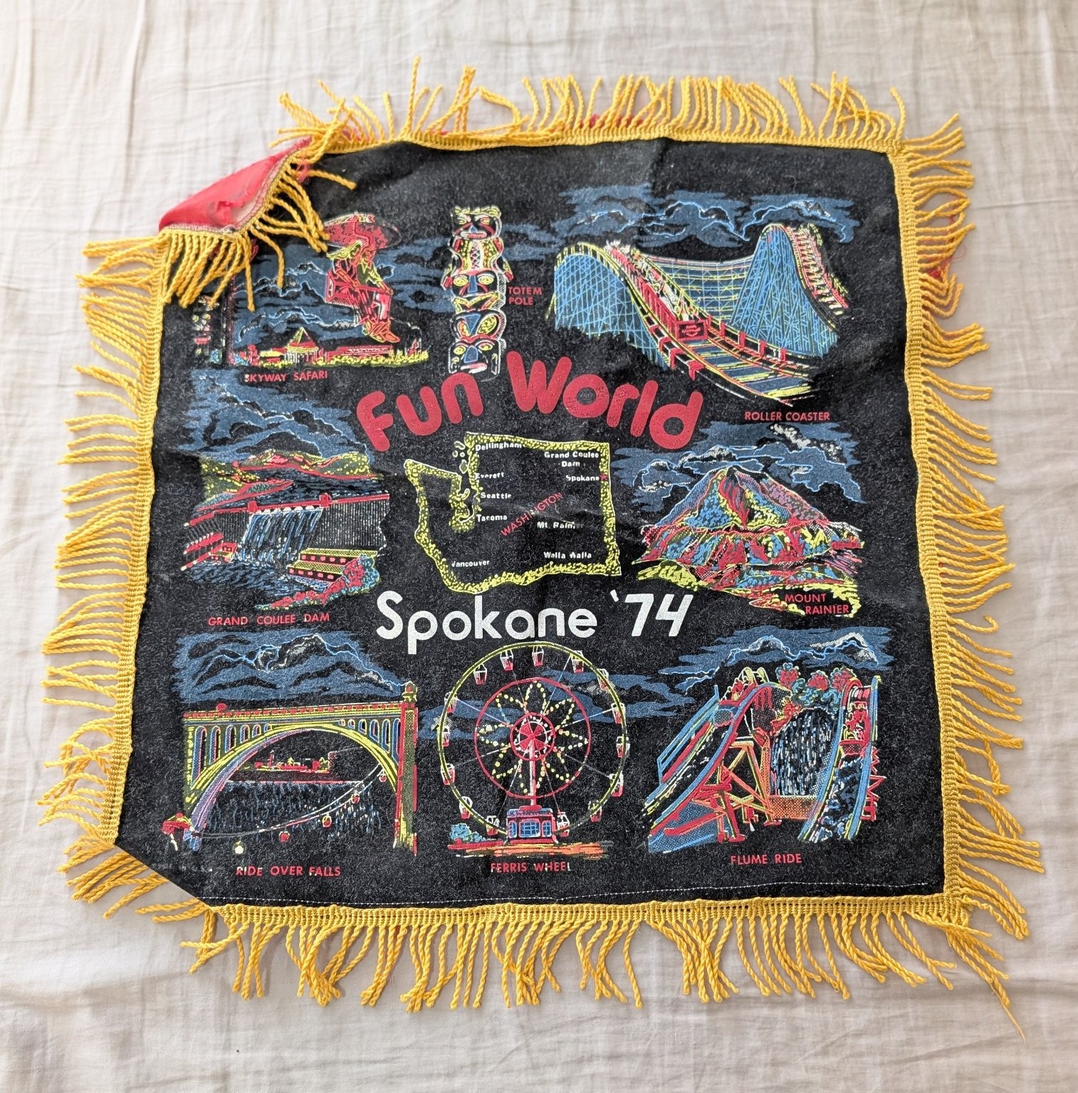 Vintage MCM Spokane 74 Fun World Black Velvet Pillow Cover Washington State Fair
