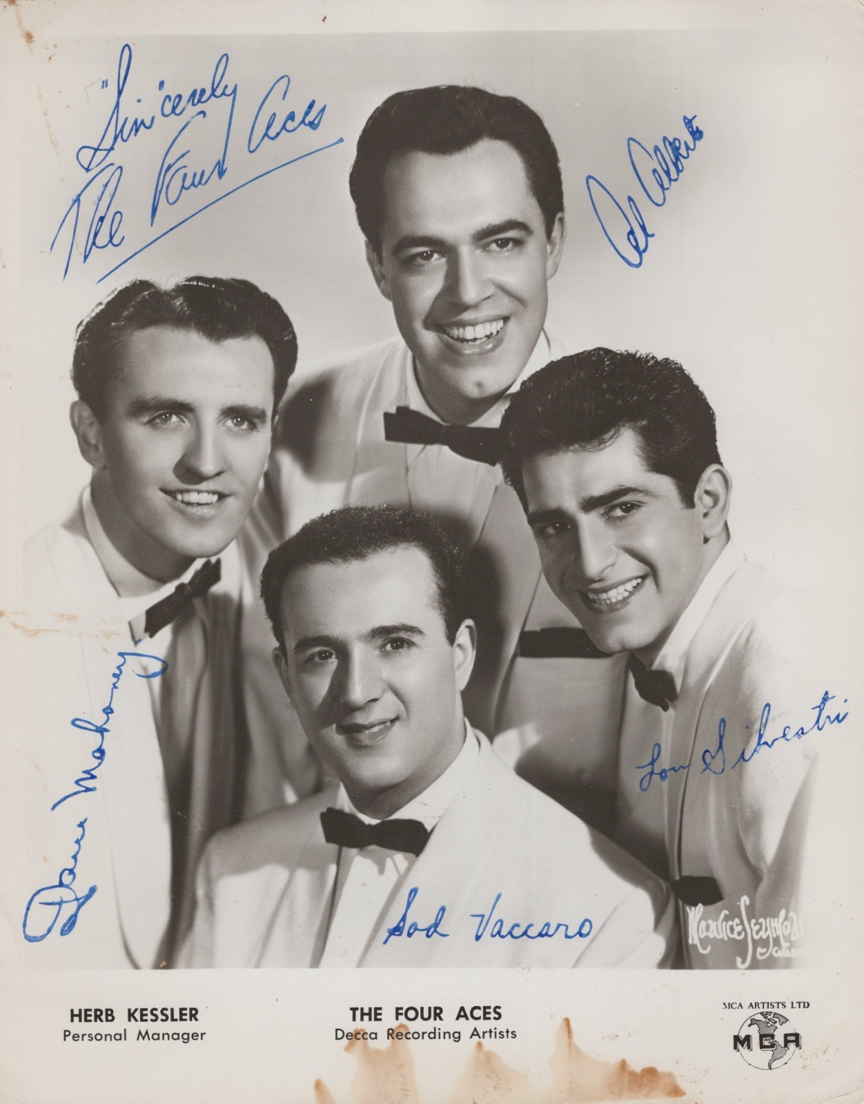 The Four Aces, vintage promotional 8x10 photo, SIGNED BY ALL 4 VACCARO ALBERTS +