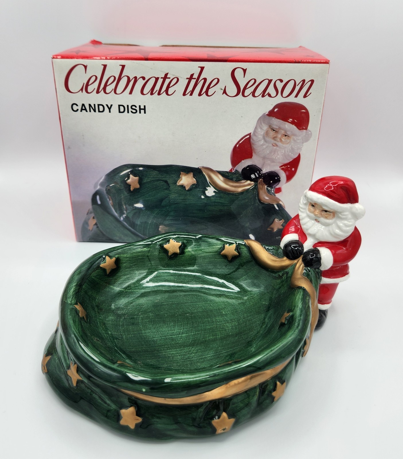 Vtg Celebrate the Season Santa Ceramic Candy Dish w/ Open Box