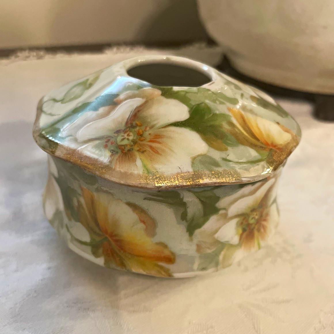 Antique P.T. Bavaria Tirschenreuth Porcelain Hair Receiver Floral Green Gold