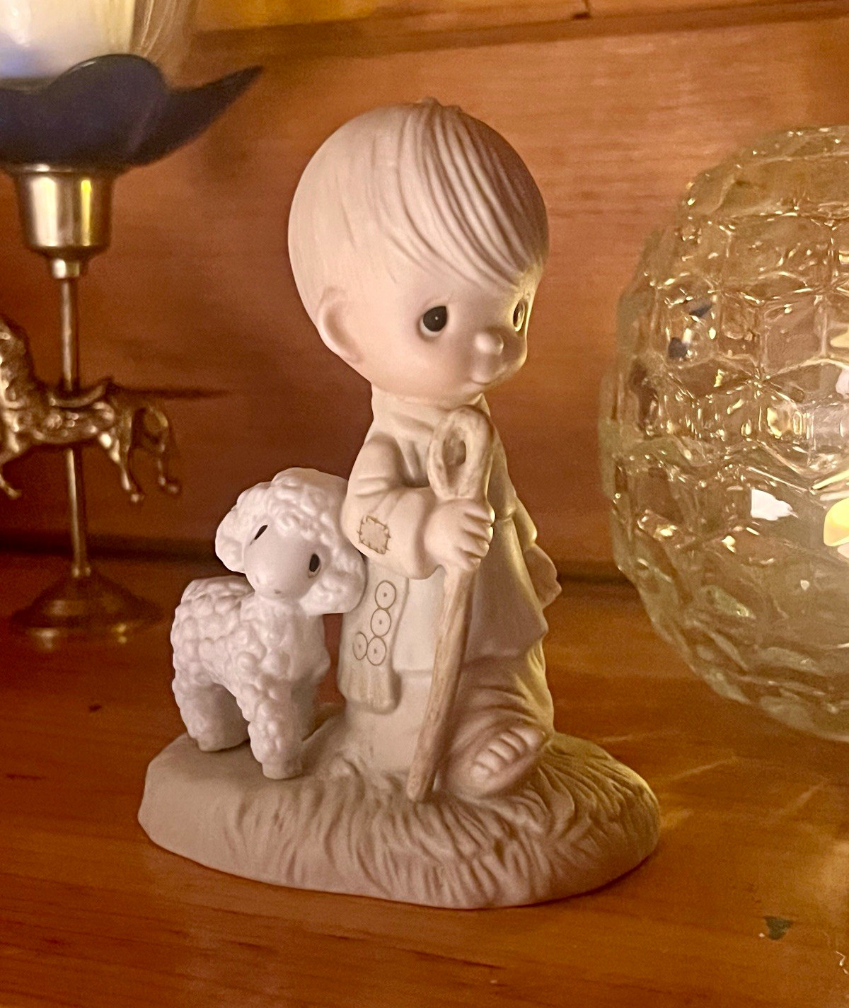 Enesco Jonathan & David “He Leadeth Me” Boy w/ Lamb White Ceramic 1977