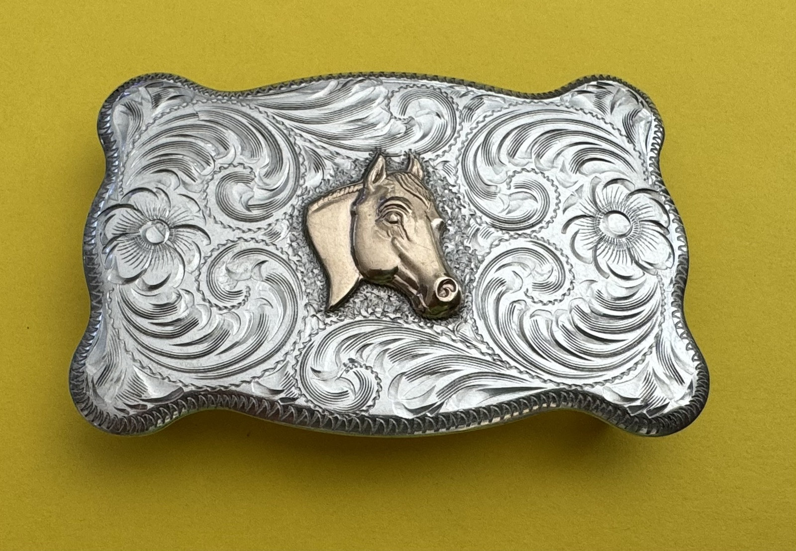 VTG Rare Design Old Western America Sterling Silver Horse Sash Scarf Belt Buckle