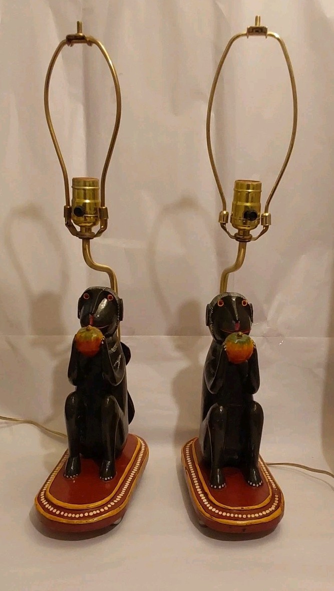 Antique Indian Folk Art Polychromed Carved Wood 1870's Monkey Lamp Set-23 