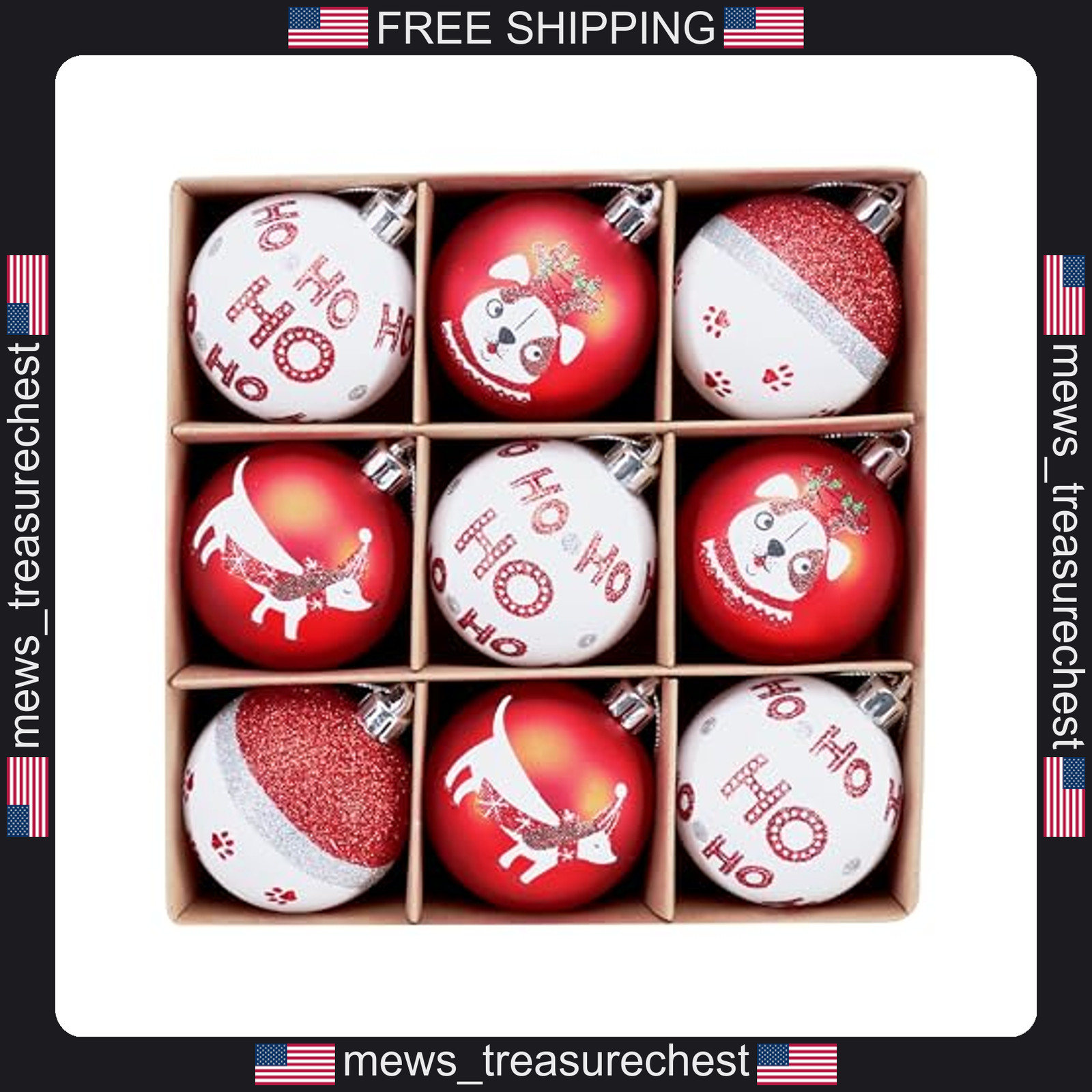 Christmas Dog Ornaments Set 9ct, 2.36 inch, Red & White Holiday Decor