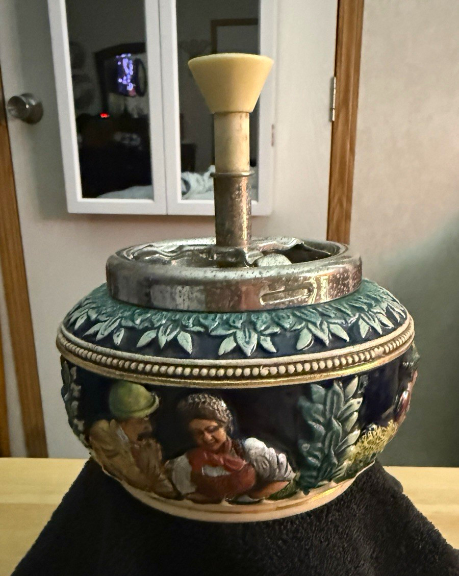 Vintage Western Germany Push-Top Spinning Tobacco Jar w/ Metal Lid, Relief