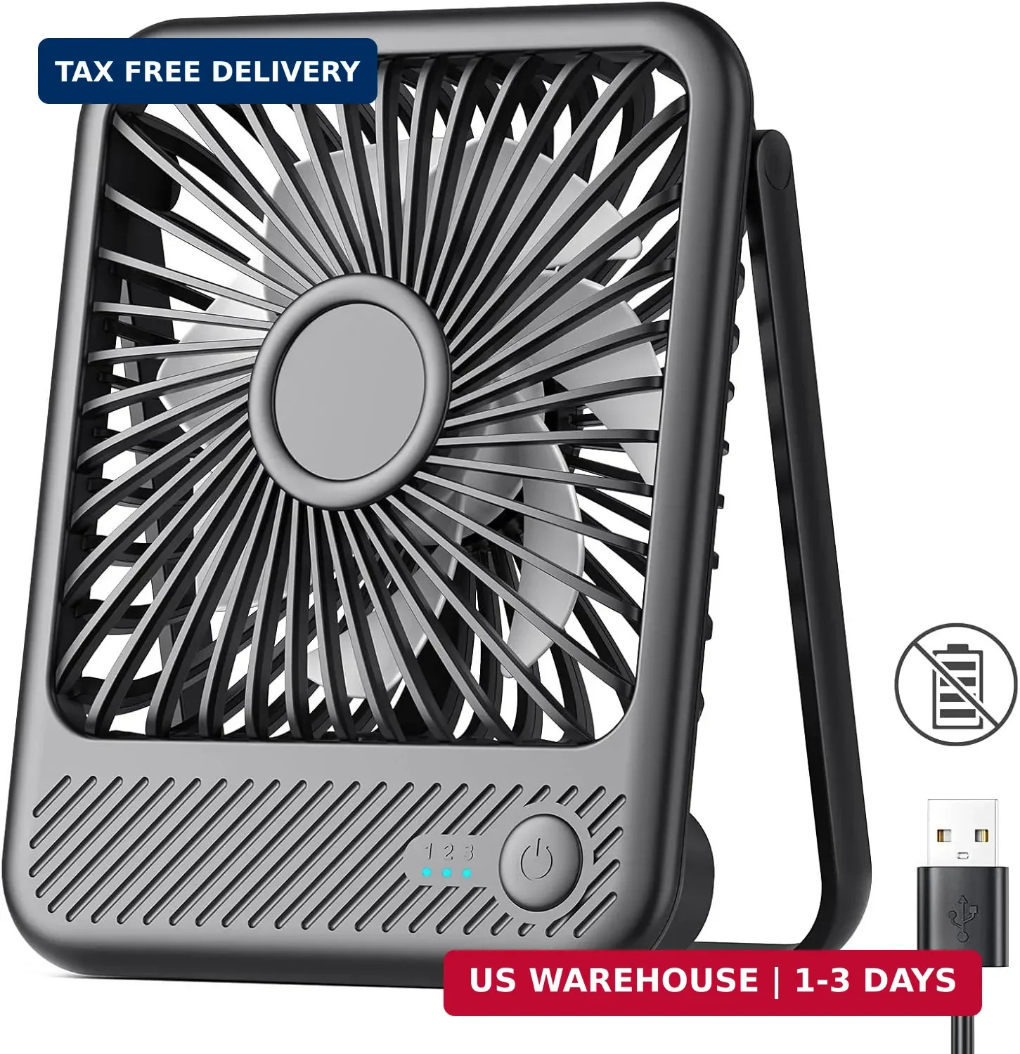 USB Desk Fan, Strong Wind Ultra Quiet Small Personal Fan with 180° Tilt F