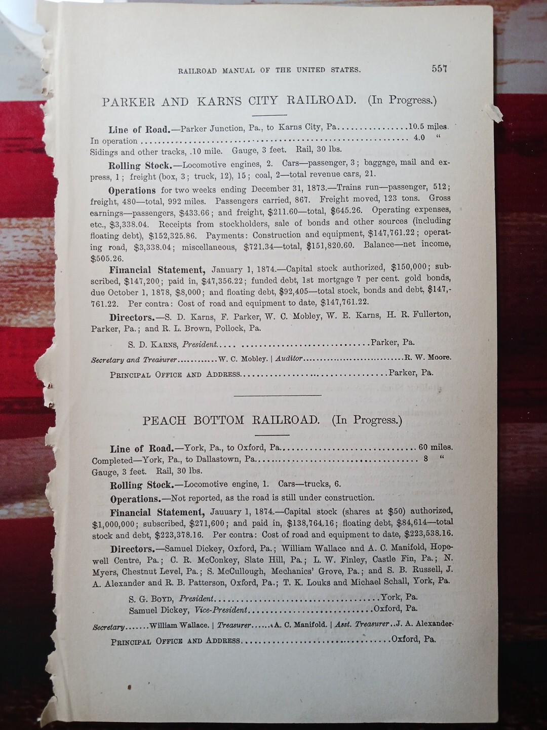 1874 Train Report PARKER & KARNS CITY RAILROAD Pennsylvania RR in Progress RARE