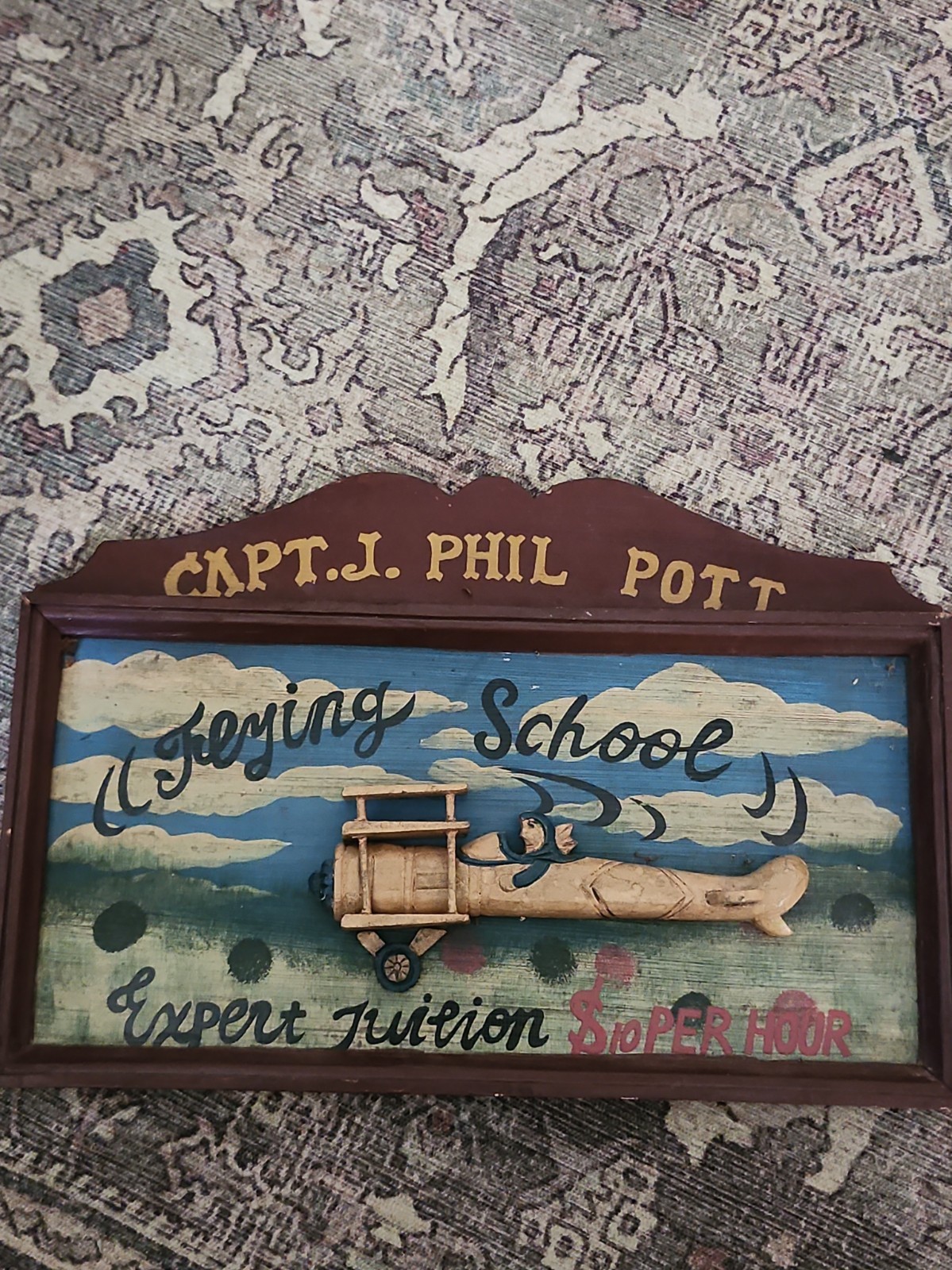 Vintage Capt. J. Phil Pott Flying School Wooden Hanging Sign - 3D Aviation Art