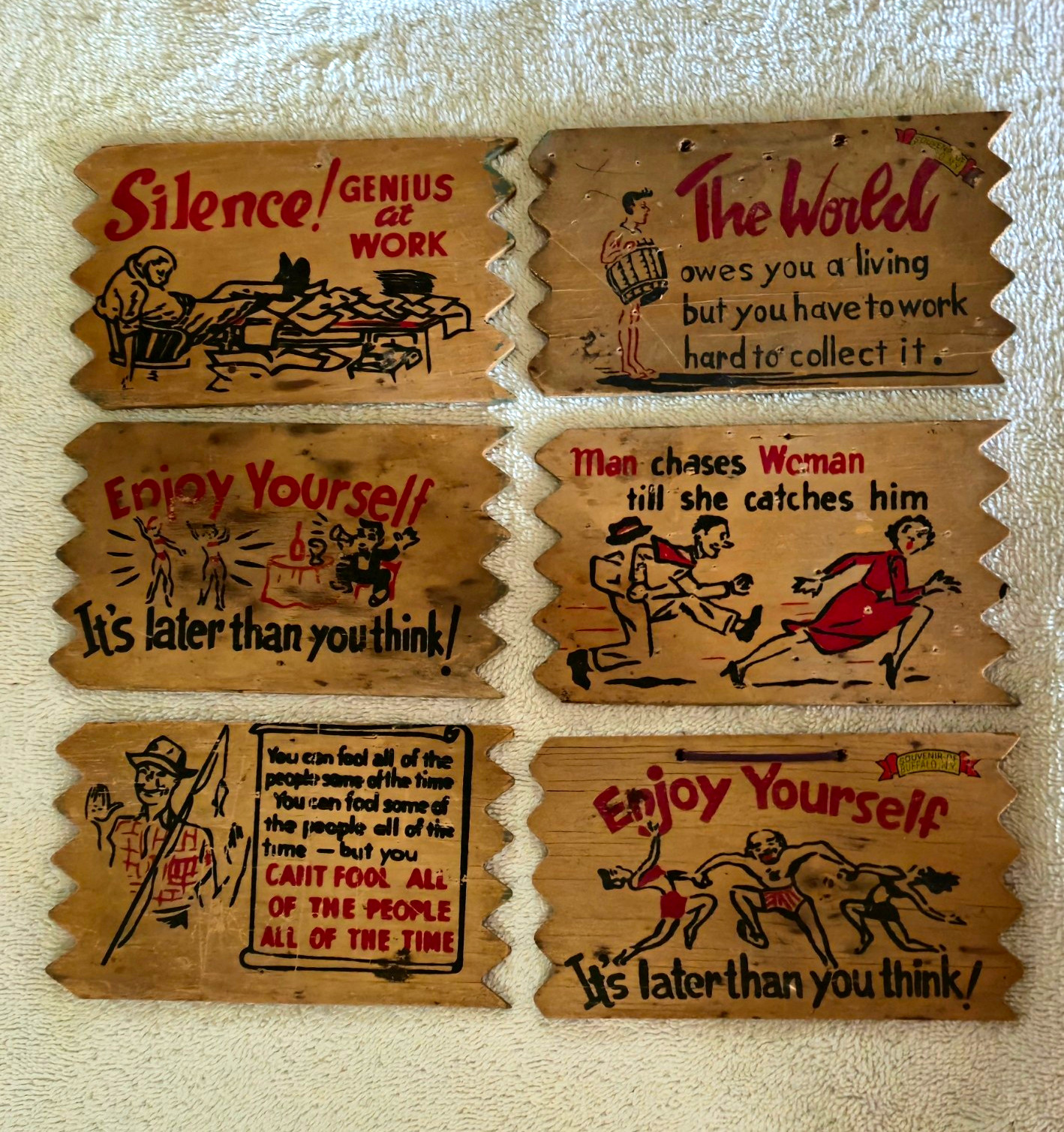Lot of 6 Vintage 1950\'s Wooden Novelty Postcards Humorous Signs Jaffre Prod.