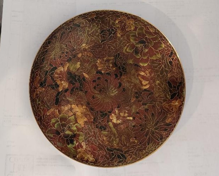 Vintage Chinese Cloisonne Enamel on Copper Plate Browns Greens Reds Blacks