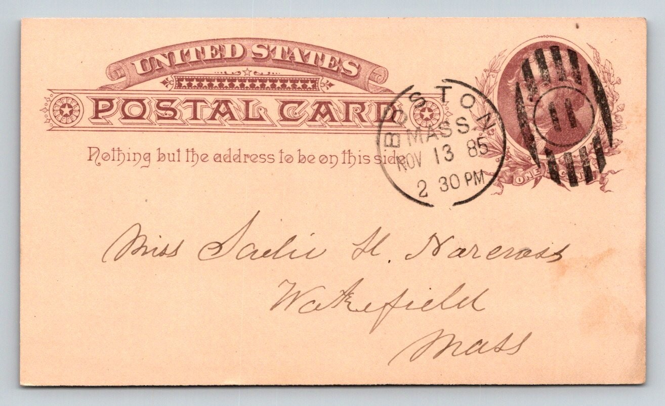1885 US Postal Card Boston MA to Wakefield MA Statue of Liberty Mention