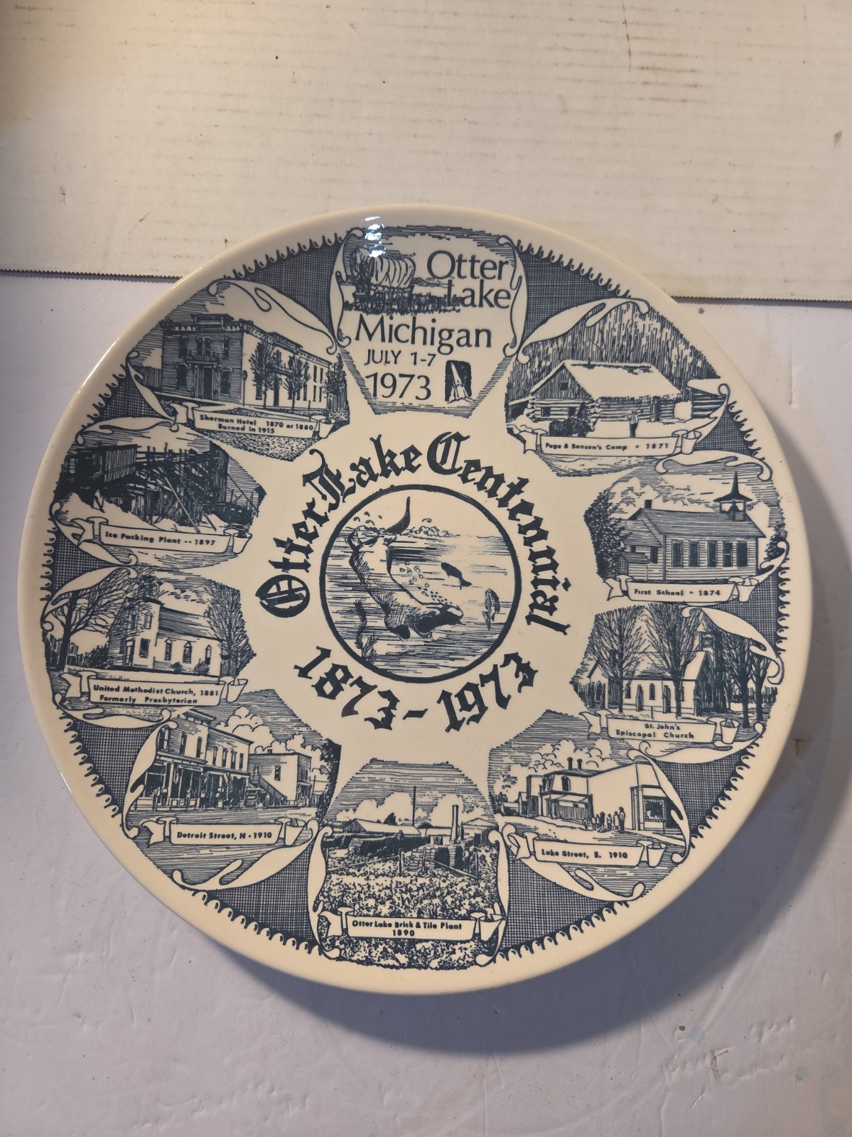 Vintage Otter Lake Michigan Centennial Plate 1873-1973 Kettlesprings Kiln 2386-s