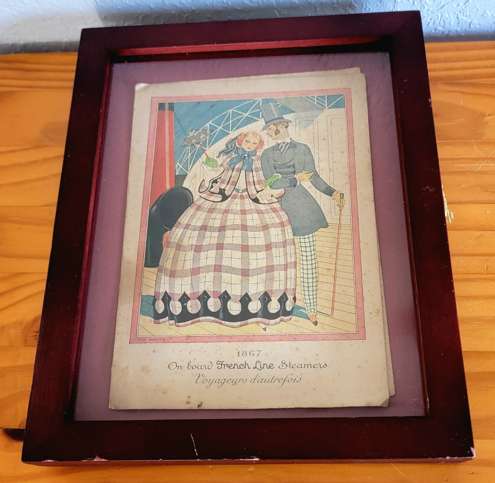 Vtg French Line Menu George Barbier Art Deco Hinged Wood Shadow Box Frame 1920s
