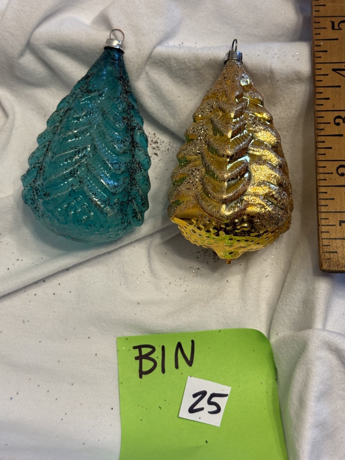 Vintage Mercury Glass Ornament MCM Pair Christmas Trees green gold early fragile