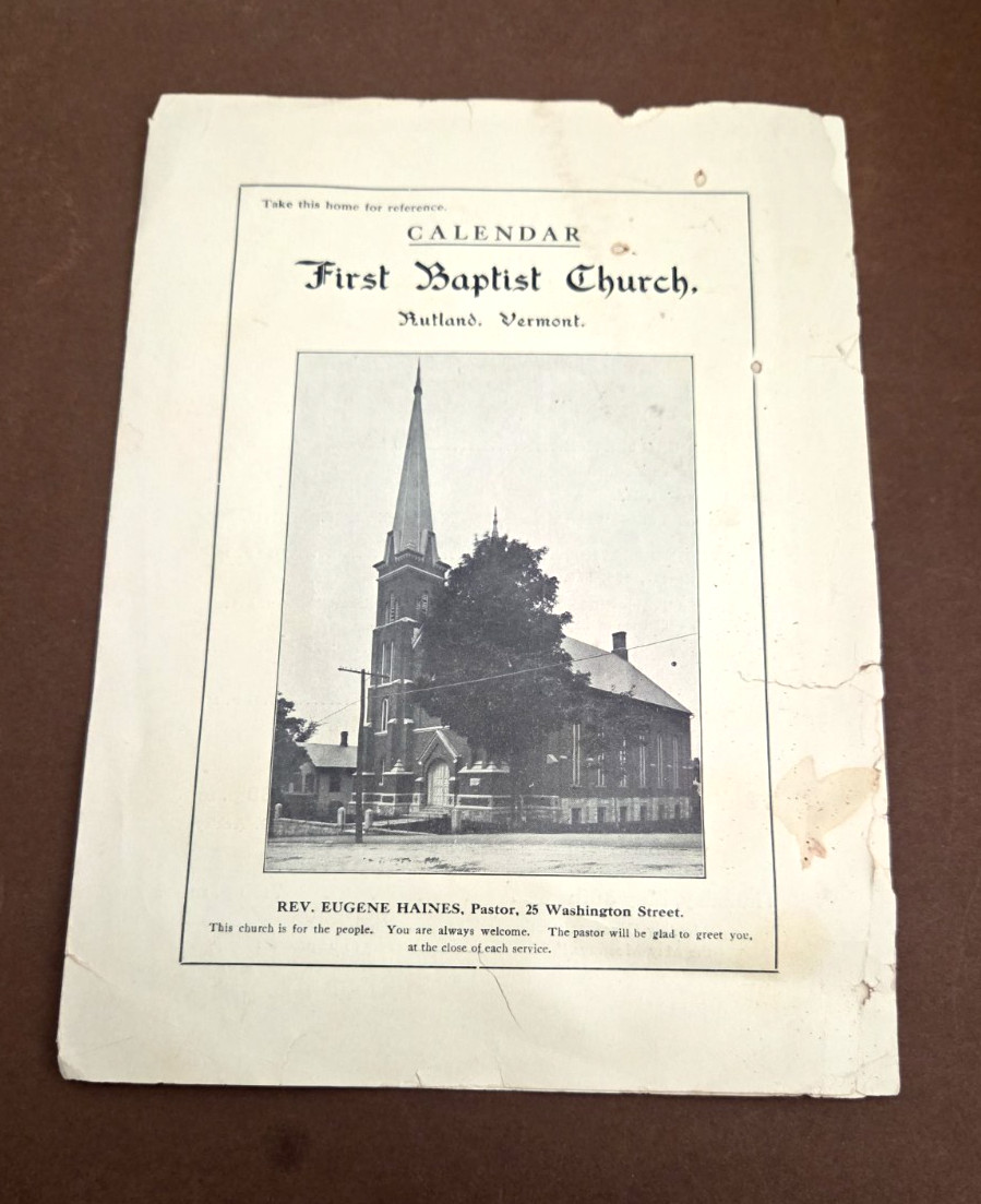 1907 Rutland, Vermont First Baptist Church May 26 Cakandar with member names