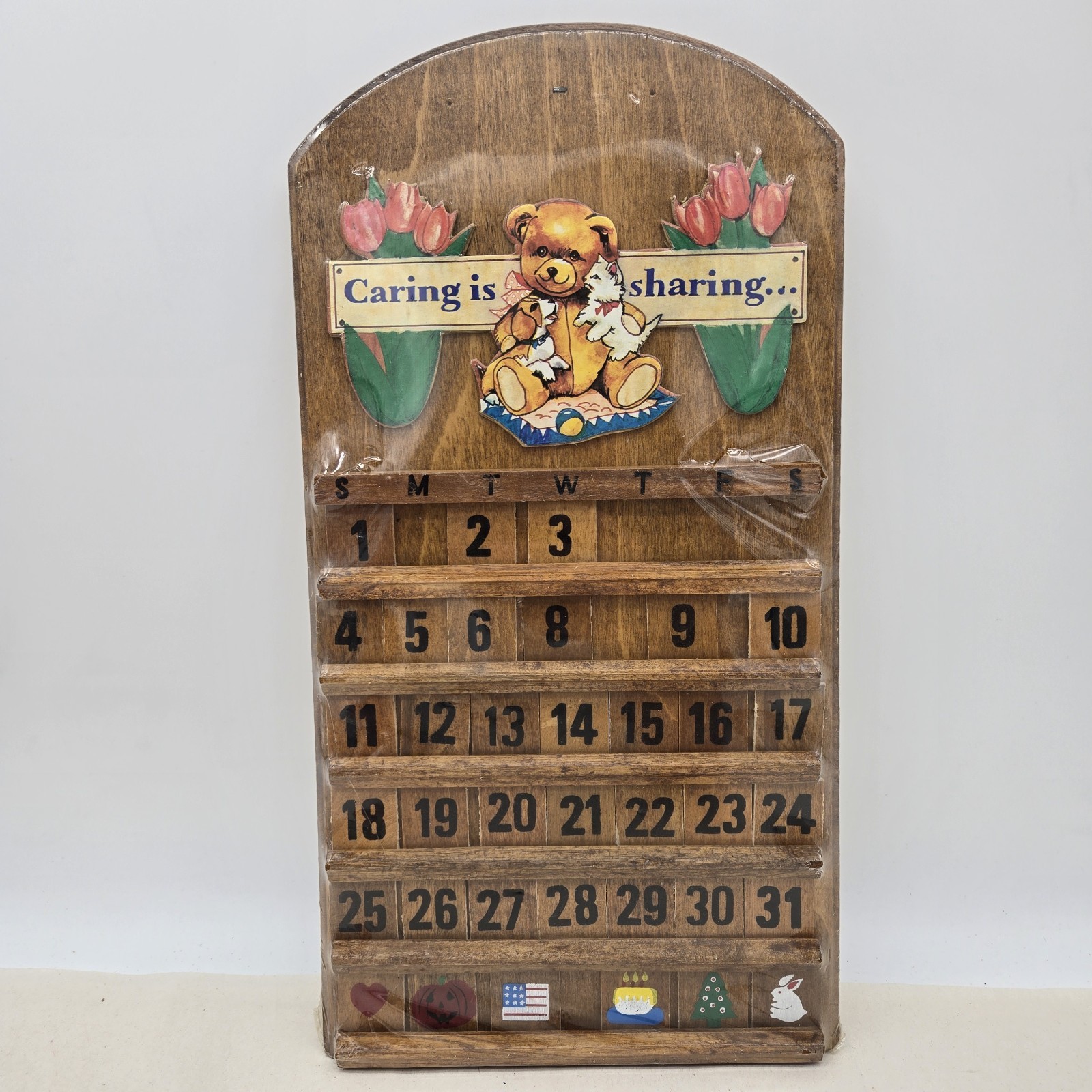 VTG Wooden Teddy Bear Perpetual Wall Calendar Cottagecore Caring Is Sharing 15x8