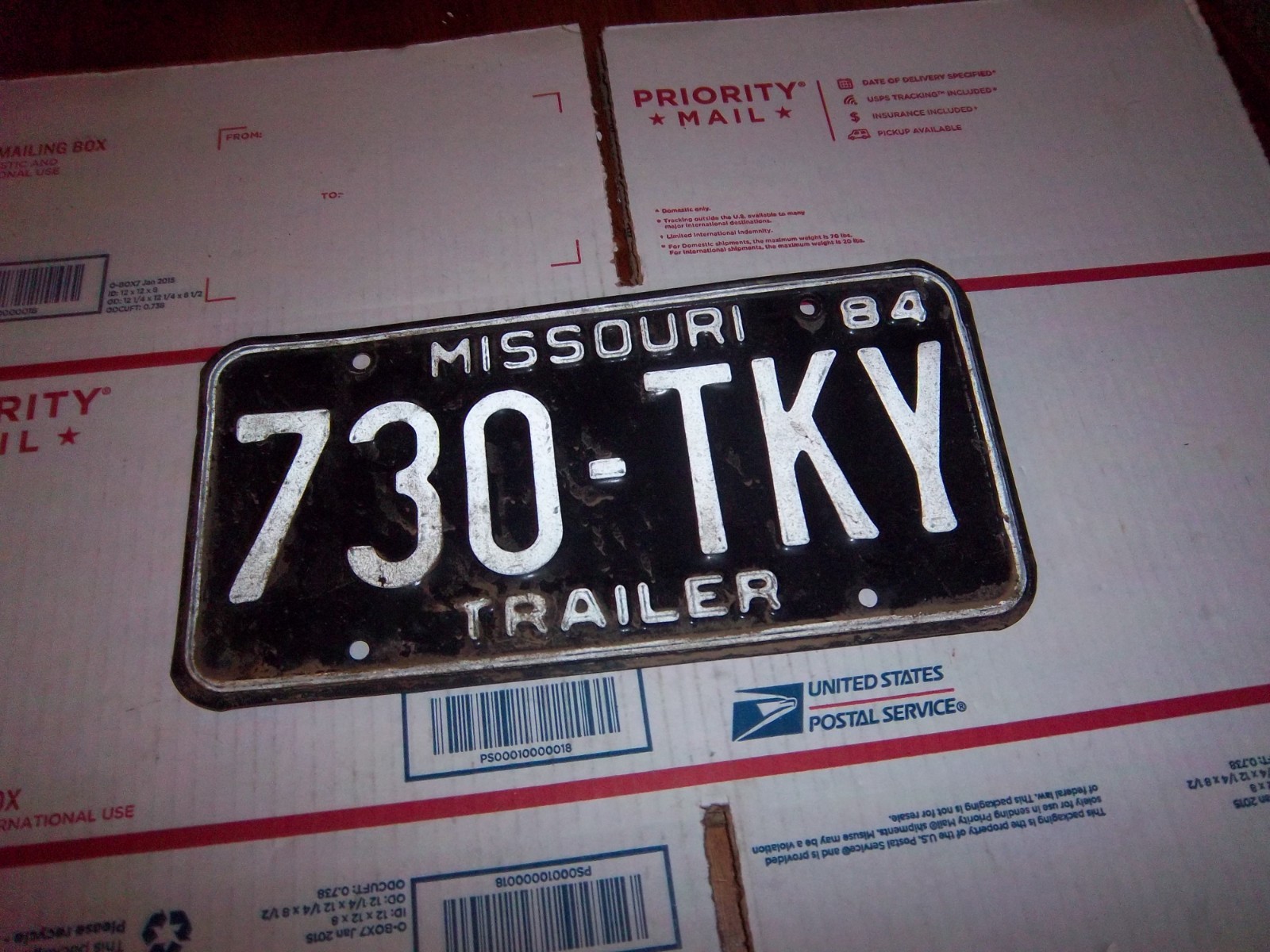 vintage 1984 missouri 730-TKY  trailer license plate