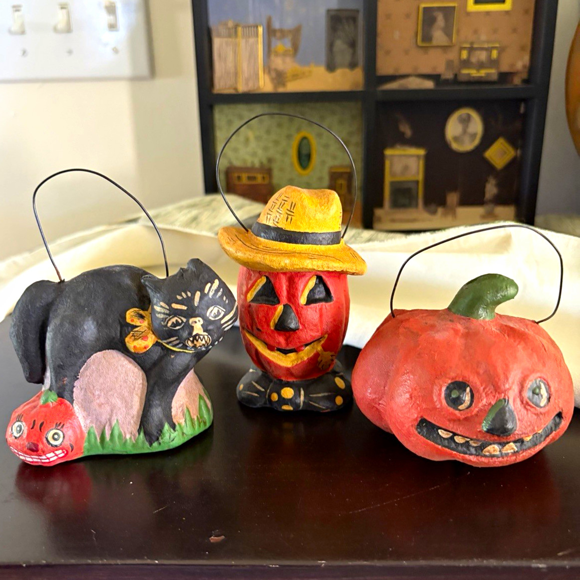 3pc vintage Hand Painted Papier Mache Halloween Black Cat Jack-o\'-lantern