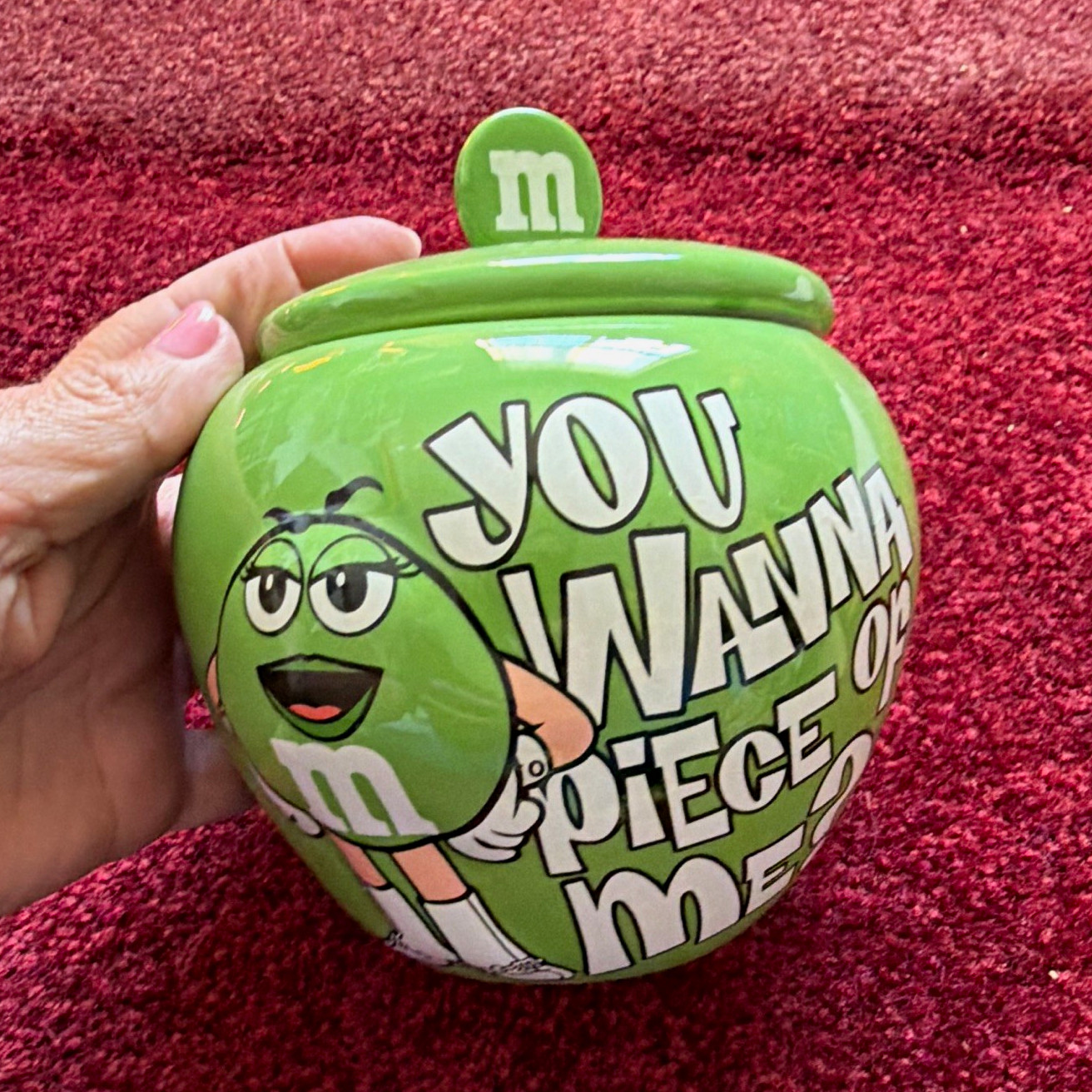 M&M’s Green Character Ceramic Candy Jar Canister w/ Lid “You Wanna Piece” 2009
