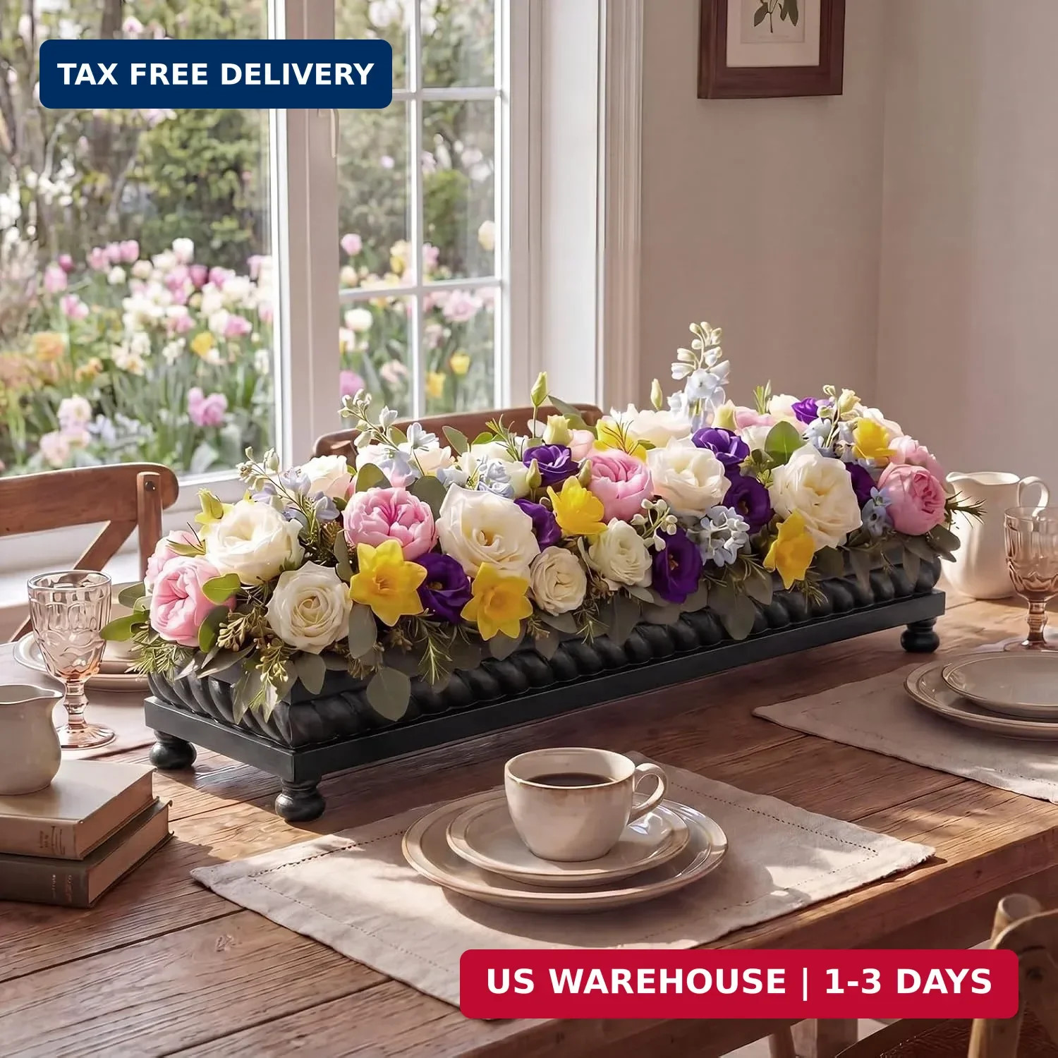 Large Long Wooden Dough Bowl, Spring Decorative Wooden Tables Centerpiece Tray,
