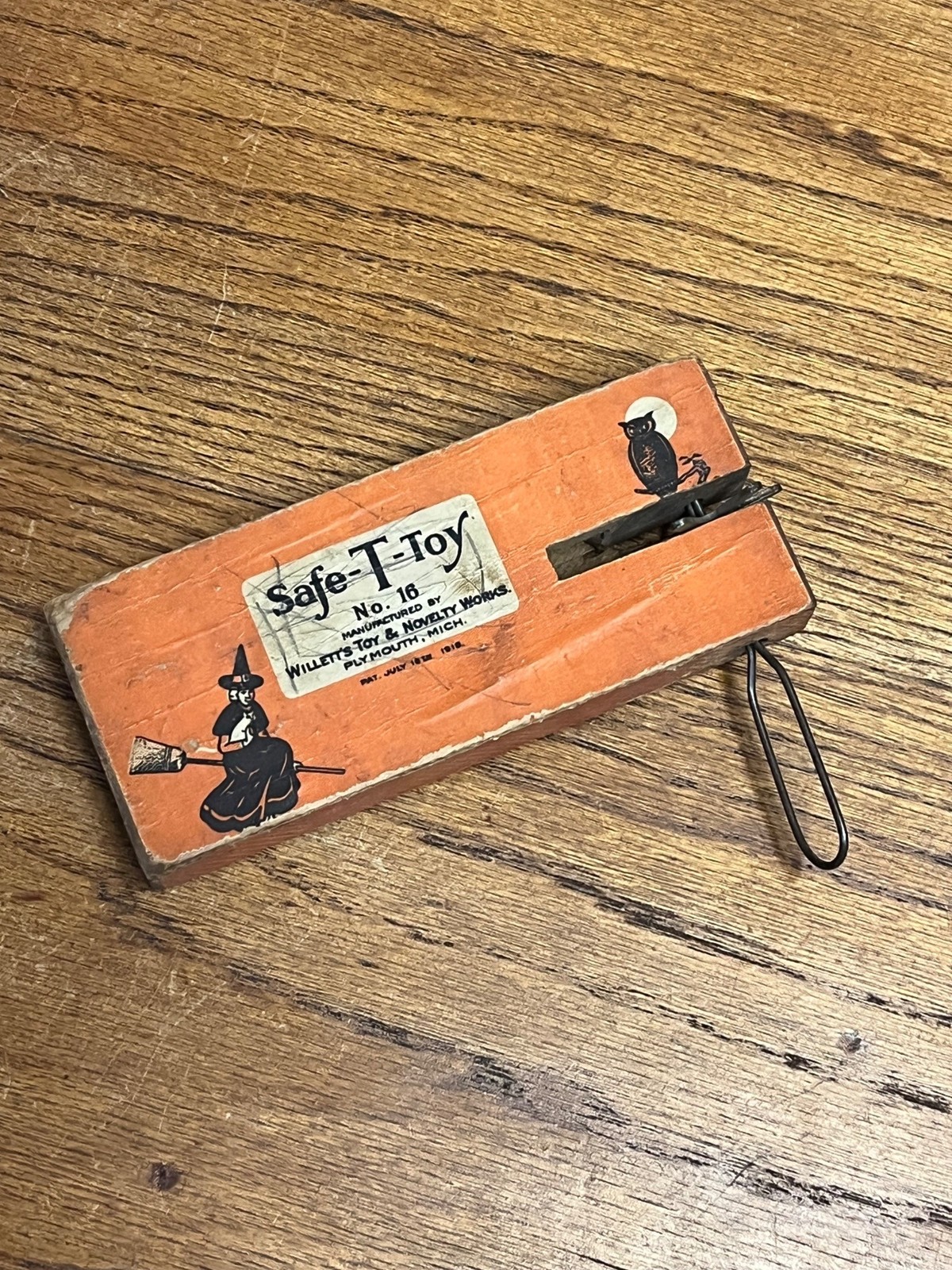 Vintage 1918 Halloween Noisemaker Witch Owl Safe-T-Toy Wooden Willet's Toy Mich