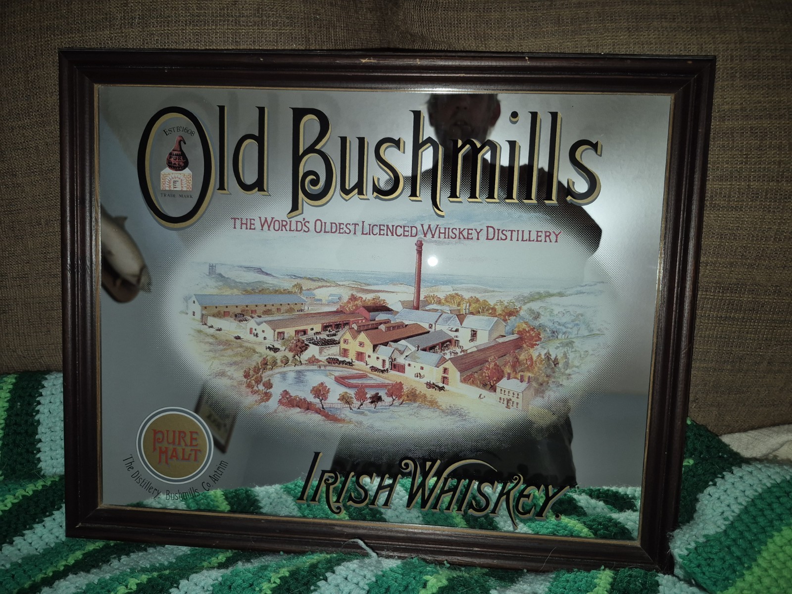 OLD BUSHMILLS IRISH WHISKEY BAR PUB MIRROR SIGN VINTAGE ORIGINAL 