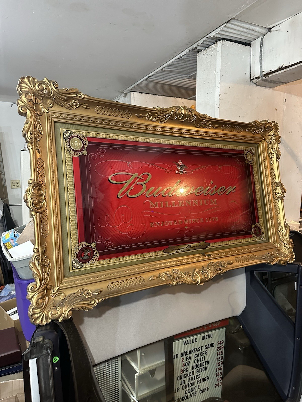 1999 Budweiser Millennium Lighted Bar Mirror Sign 58” Ornate Gold Frame RARE