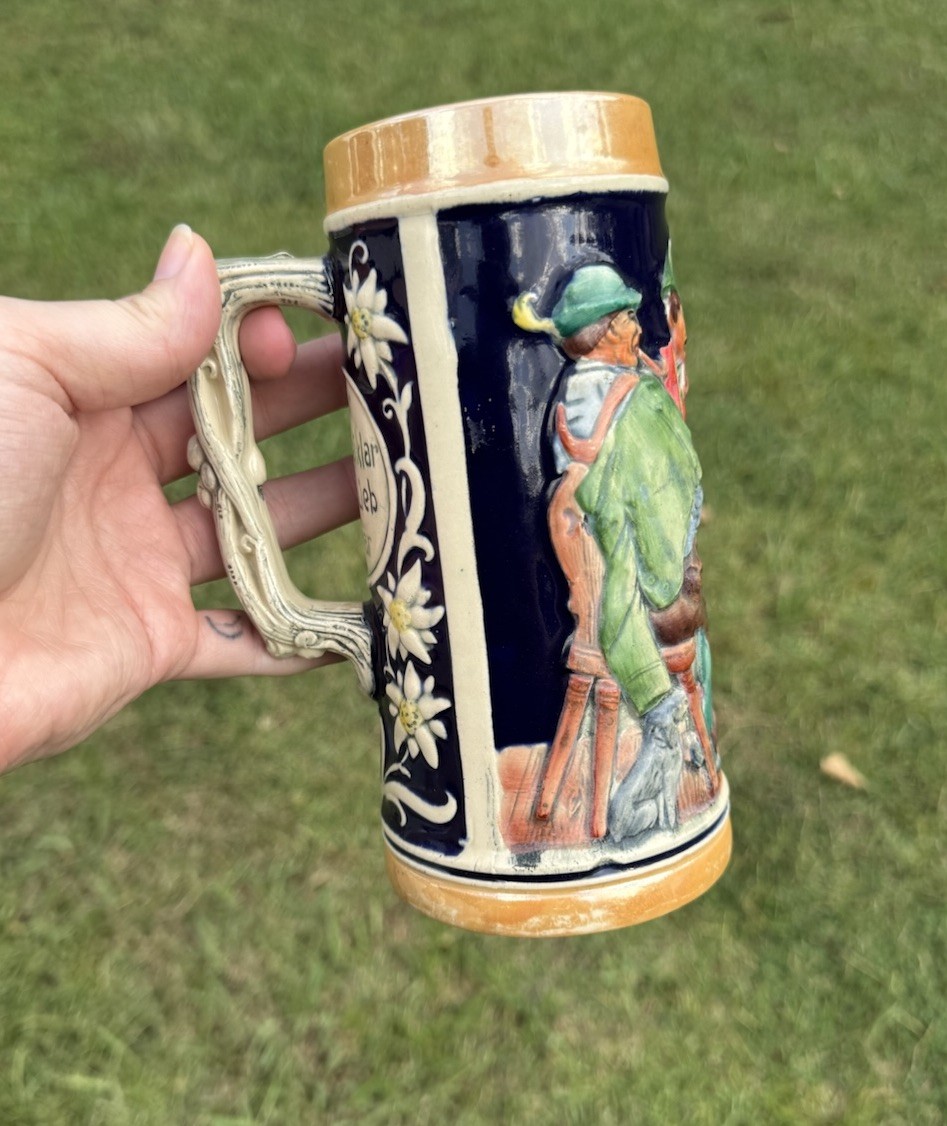 Vintage Colbalt Blue Beer Stein West Germany Woman Flowers Man Pipe 8.75
