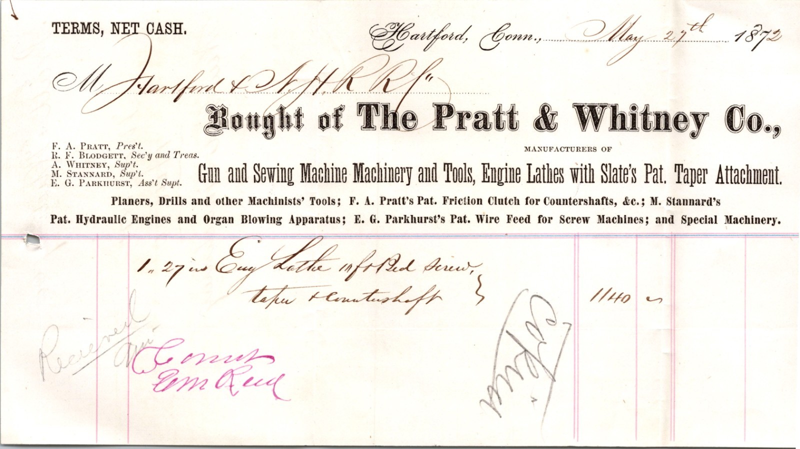 RARE 1872 ADV BILLHEAD PRATT & WHITNEY HARTFORD CT. GUN MACHINERY TOOLS /ENGINE