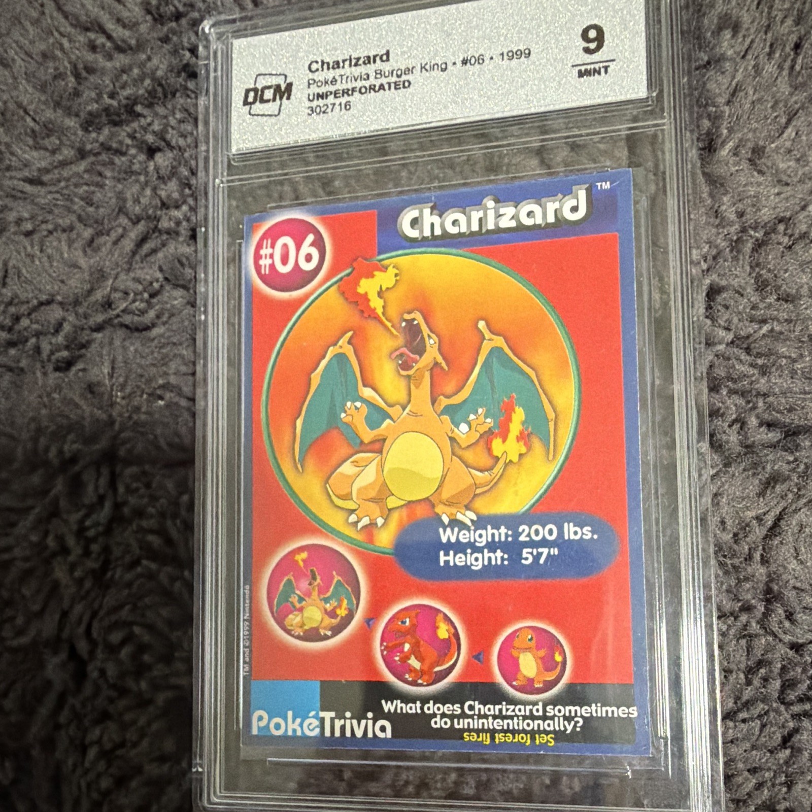 Nintendo Pokémon Charizard PokéTrivia Burger King #06 1999 Unperforated