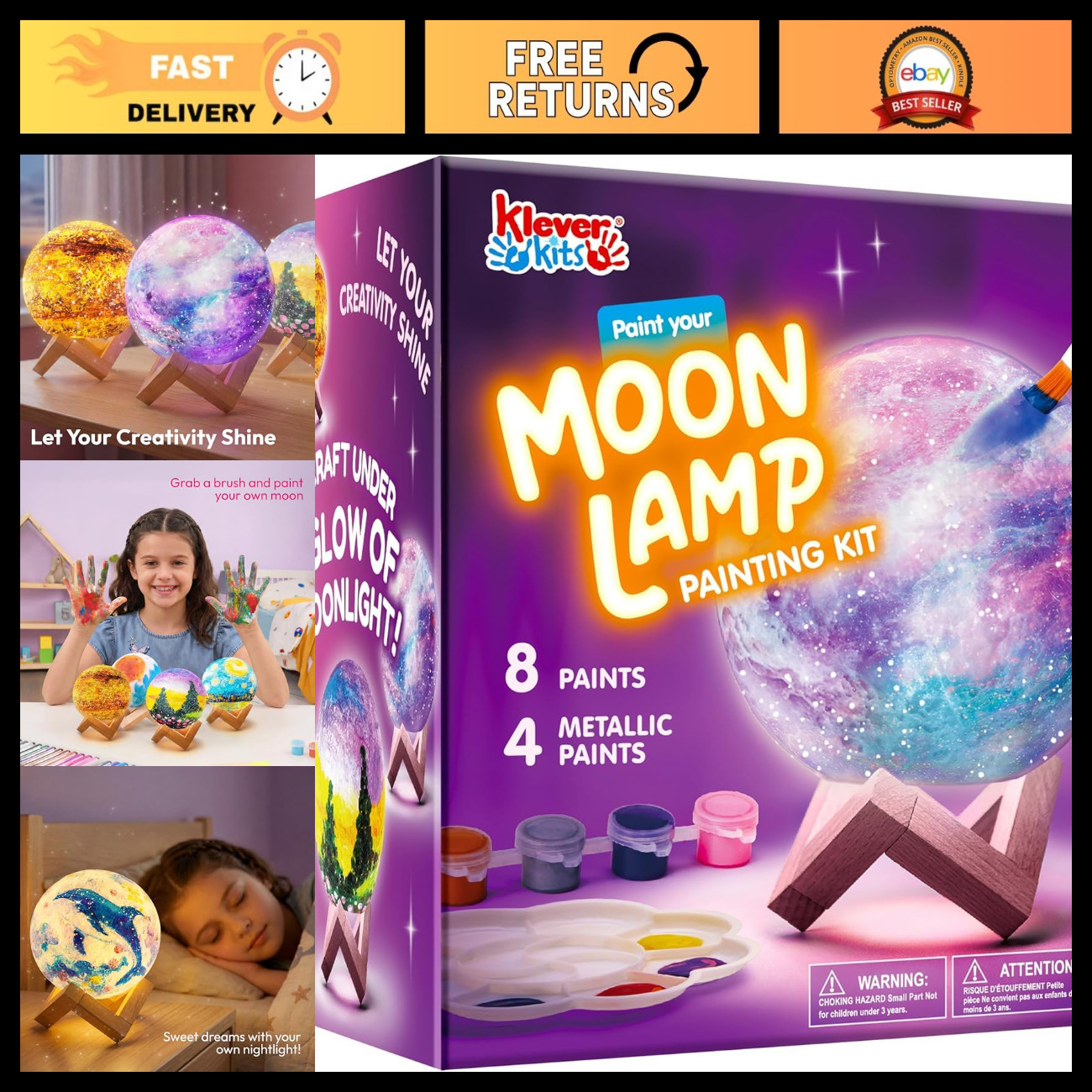 Klever Kits DIY 3D Moon Night Light- Paint Your Own Moon Lamp for Kids 6-12