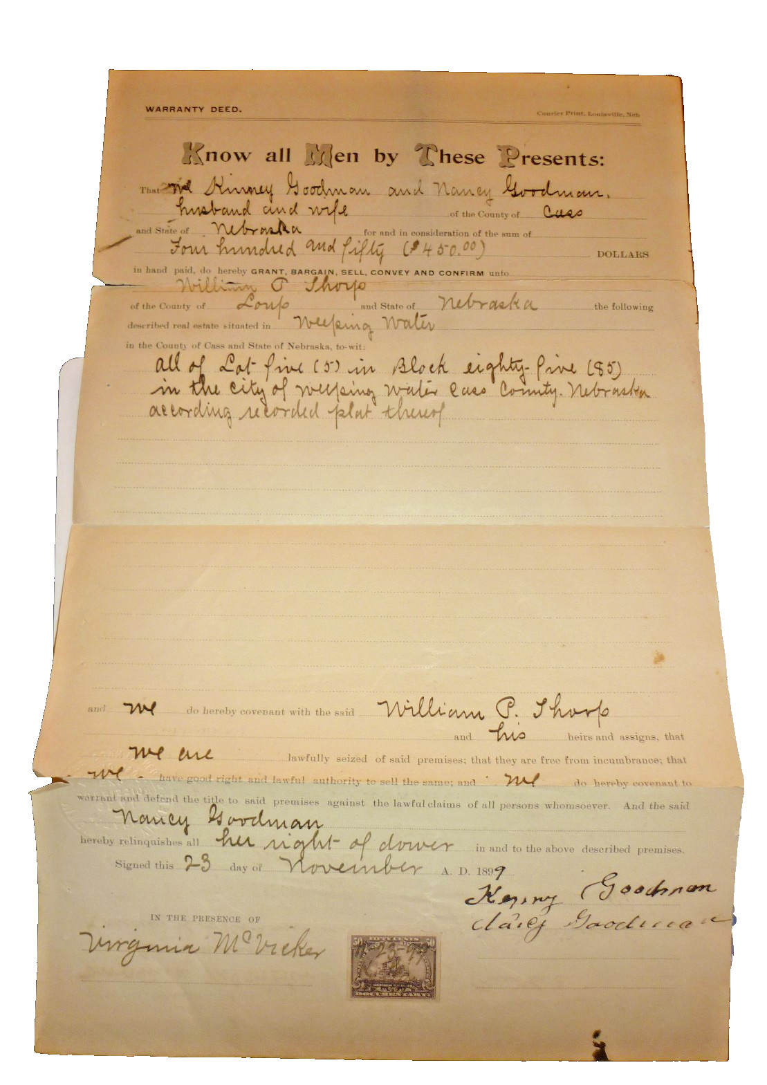 Antique 1899 Nebraska Warranty Deed Weeping Water 1898 Battleship Revenue Stamp