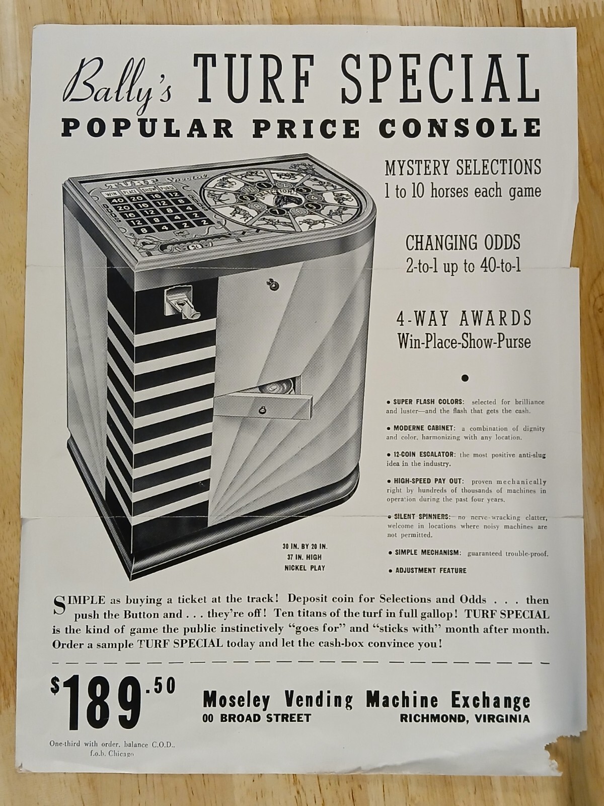 Early 1940's Original Bally's Turf Special Amusement Game Sales Flyer