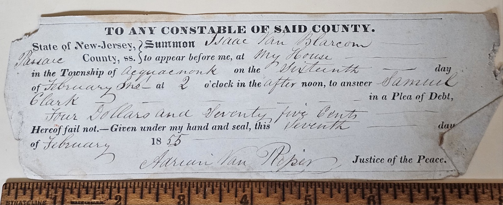 1855 NJ Summons Isaac Van Blarcom Underground Railroad Abolitionist Passaic
