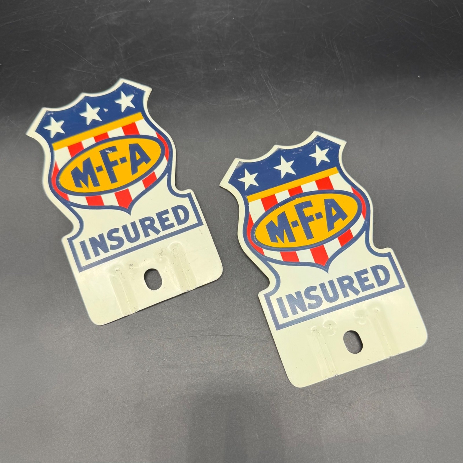 Vintage MFA Insurance License Plate Toppers Metal Agriculture Advertising Shield