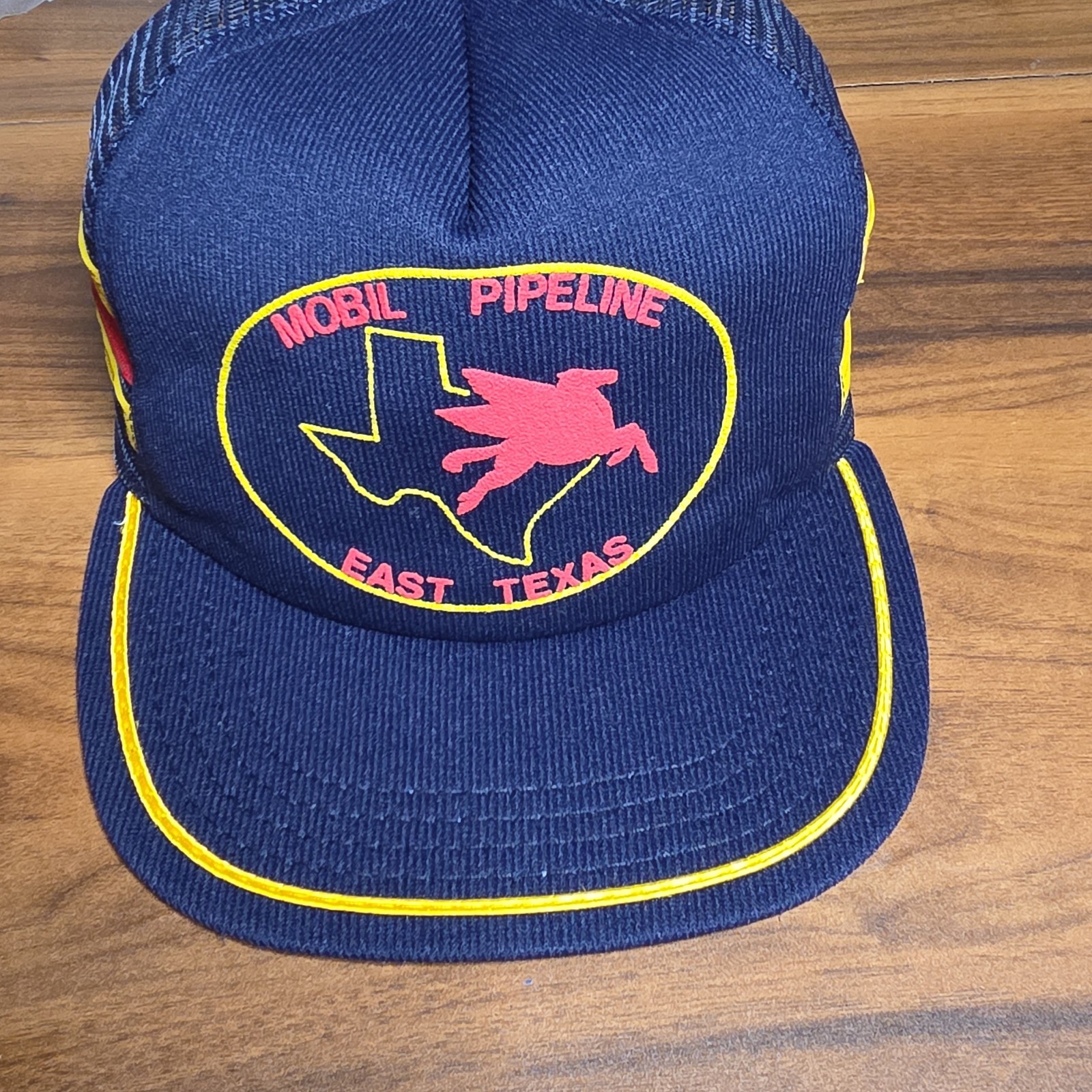Vtg Rare Mobil Pipeline East Texas 3 Stripe Mesh Snapback Trucker Hat Blue