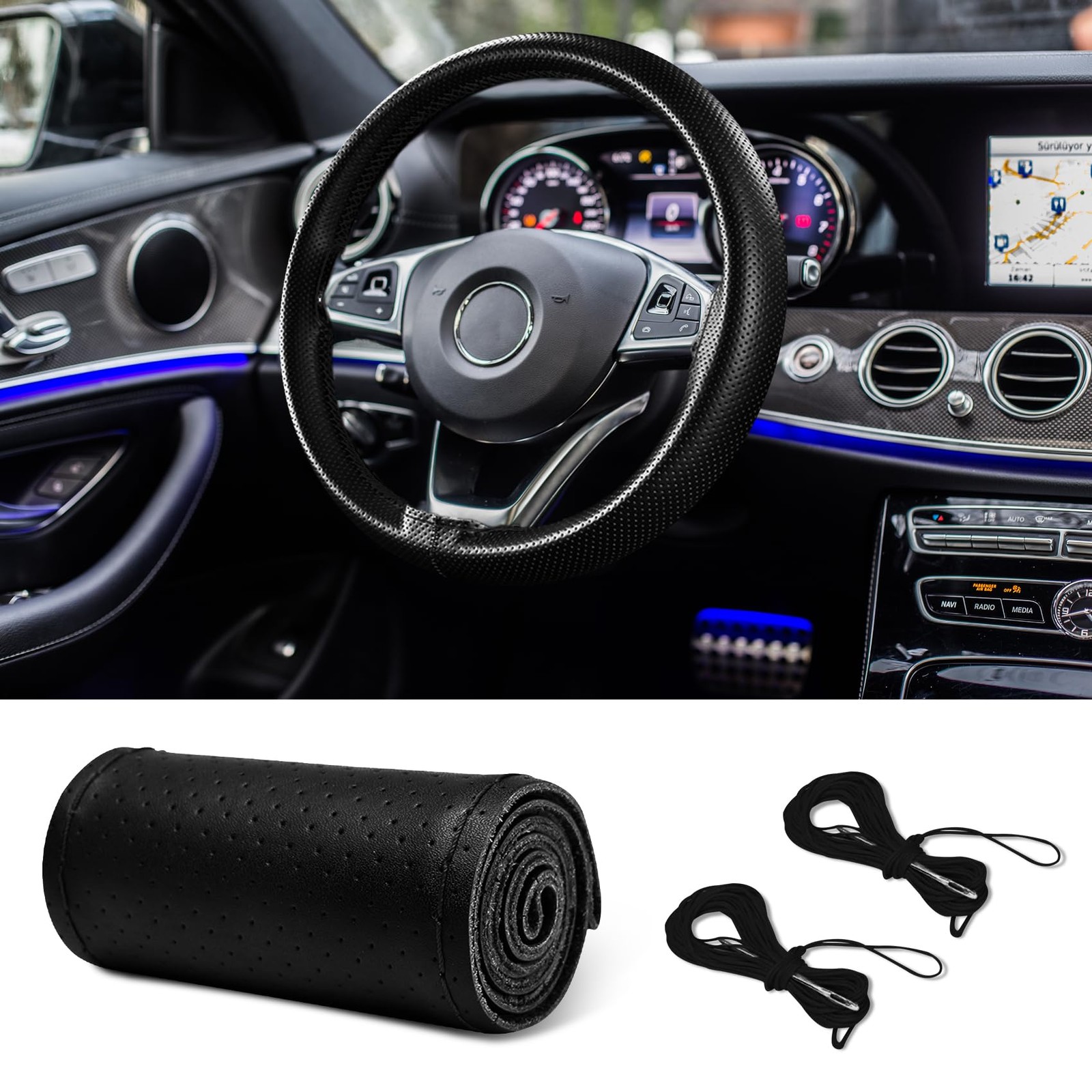 Leather Steering Wheel Cover Lace Up, Car Wheel Cover, Universal Car Steering...