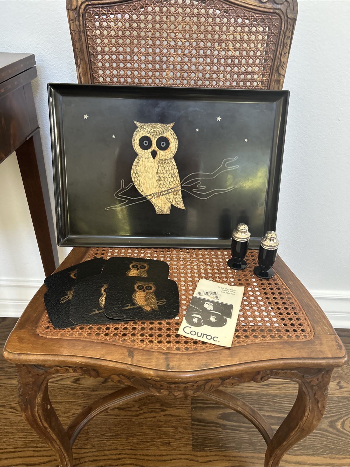 Vintage Courier Monterey Owl Tray, Coasters And Set Of Salt Pepper