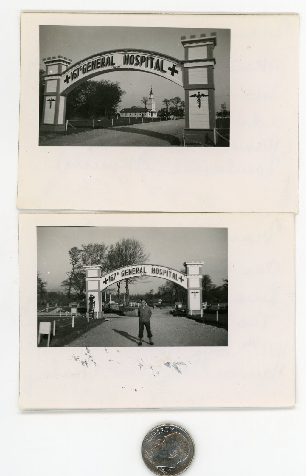 (2) Old WW2 mini photos / US ARMY 167th GENERAL HOSPITAL Gate Tourlaville FRANCE