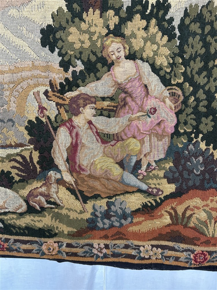 antique tapestry 37x39 needlepoint hand made pastoral original 19th c 