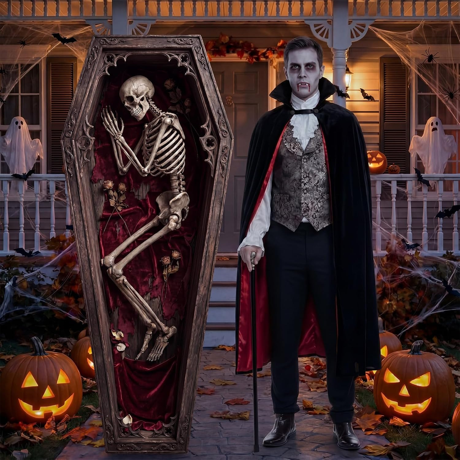 5.9 Ft Halloween Skeleton Coffin Decoration Stand up Life Size Skeleton Coffin C