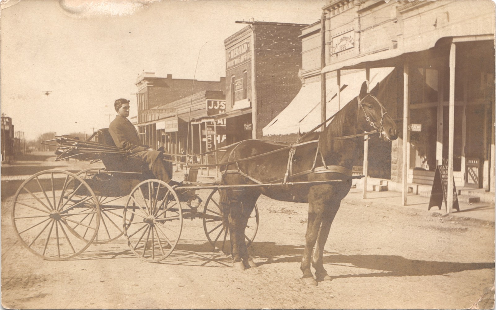 HORSE & BUGGY c1910 postcard real photo rppc downtown street shops scene printer
